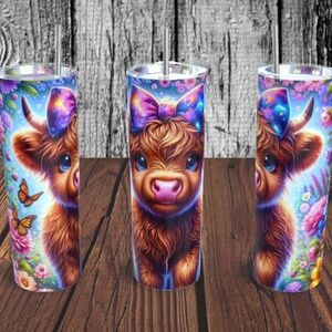 Baby Highland Cow with Butterflies 20 oz Skinny Tumbler